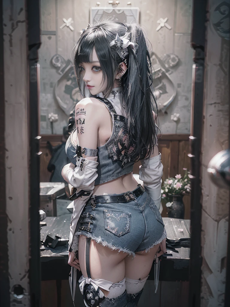 (Full Body View:1.3)、(Back view:1.4)、(High school girl cosplay:1.3)、(Smiling with teeth showing:1.3),(Shibuya Gal:1.5)、(Neo-goth style fashion:1.5)、(Punk RockVisual Kei:1.4)、(Medieval noble gimp in denim, silver and charcoal:1.5)、(Denim medieval white arm covers and garter shorts:1.5)、(White denim high heels:1.3)、(Wearing silver accessories:1.5)、(Denim collar:1.4)、(White leather garter belt:1.4)、(Brown Skin Belt:1.3)、(White lace underwear:1.5)、20-year-old、NSFW、((Highest quality、In 8K、masterpiece:1.3))、Sharp focus:1.2、(Layered Cut、Huge boobs:1.1),Beautiful woman with perfect figure:1.4、(Ballerina posing:1.3)、Slender Abs:1.2、Highly detailed face and skin texture、Detailed eyes、double eyelid,(Twin tails:1.3)、(Black Hair:1.3)、Gravure idol、(The background is a VIP room of a high-class cabaret club surrounded by countless flowers outdoors on a sunny day.:1.3)、(Slim Body:1.3),(Make your legs thinner:1.4),(clavicle:1.1)