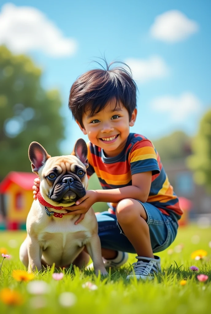 Create a drawing of a 5-year-old boy with black hair and his best friend, a French bulldog. 