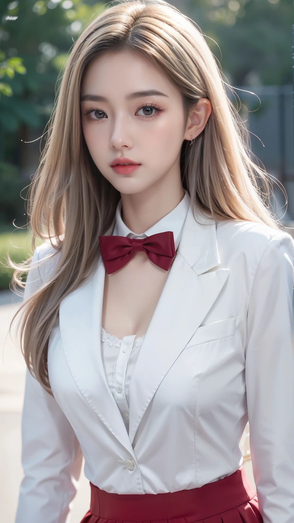 The highest quality of work,actual work,Ultra-premium graphics,8K HD CG 작동,High-quality graphics,고화질 CG Work,10x Pixel,Very fine detail:1.1,Advanced technical details:1.1 realistic,실내 lighting effects:1.5,natural light:1.5. lighting effects(virtual lighting effects:1.8),Super high resolution,shining赤いドレス,長いsilver hair,silver hair,transparent hair,Hair that pays attention to detail(Premium hair details:1.1)clear eyes,Your double eyelids are pretty,Sharp eye makeup, Delicate eyelash makeup, thin eyebrows, very detailed eyes,high nose, I like red lips, rose cheek, A face with delicate makeup , Cute face, perfectly balanced face,(Advanced facial details:1.1),shining,very coolドレス,Bright Red Series,(White Blazer) 、(white blouse)、(red bowtie)、(check skirt)、、girl 、Photo shoot,female'Work,full body portrait,realism,very cool,Your eyes are sparkling today too,pudency、(pudency胸に手を添える),