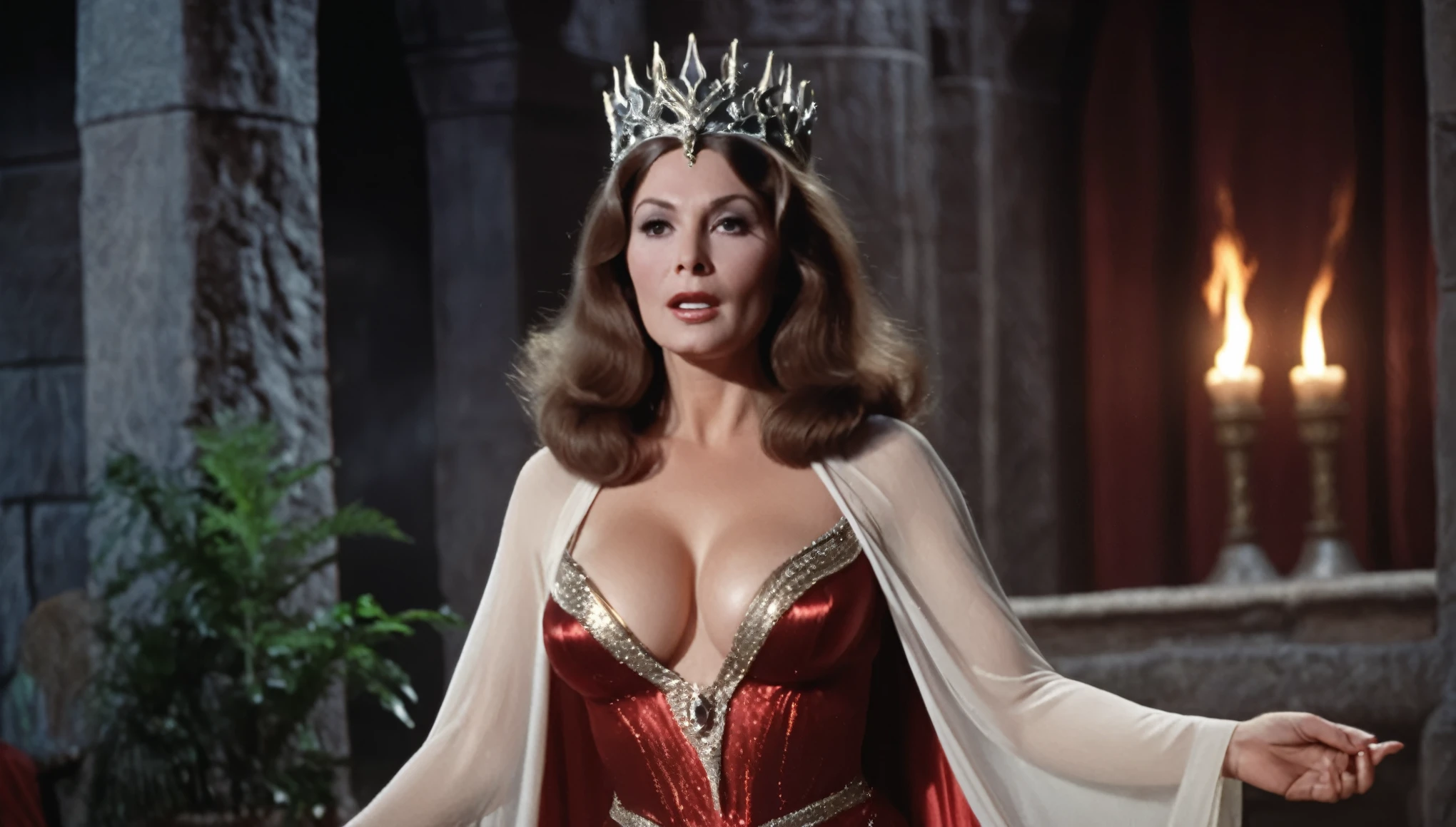 A high quality 1960s fantasy movie still, with heavy film grain. (full body photo). Soft, dramatic lighting. A seductive evil ((45 year old)) (Jewish woman), straight hair, queen, revealing outfit, large chest, ((plunging neckline)), wearing small ruby tiara, Large nose, wide chin, with broad shoulders, (thick body), wide hips, tan skin, long flowing open cape. Set in open fantasy (throne room), with a view to outside, beautiful masonry of an ancient elven castle. Soft warm candlelight. High Resolution, Very Long Hair, Large breasts,