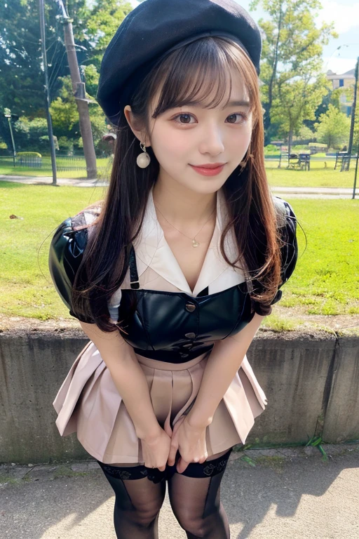 ((Biologically correct limb count))、(( Full-body photo including face))、4K、((Standing position))、masterpiece、((Focus on the face))、((Symmetrical facial features))、Eye for detailed depiction、Beautiful woman、Excellent style、Beautiful arms、Beautiful feet、Beautiful Hands、(Small Ass、Thin thighs）、Detailed depiction of the face、Small earrings、necklace、(Latex Uniform、Latex skirt、High heels、stockings）、Face close-up、smile、The background is a morning park.、beret