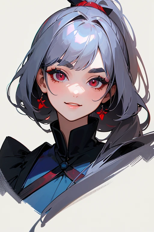 (Highest quality, masterpiece:1.2), High resolution, 最高masterpiece、Very detailed, Realistic:1.37, Fantasy, An illustration,Gray Hair、 Red eyes、Queen, Navy and blue dress、beautifully、Eyeshadow Red、Thick eyebrows、Long eyelashes、pupils are black、shiny on the lips、Top Sites、Queen、Princess、A kind smile、Soft impression、people々々Loved by、Slimming the face、Shoulder Bare、ponytail、Kissing Face、Long white hair、Shaggy Bangs、(Save face image).(Gothicta)、(A kind smile)、(Background white)、