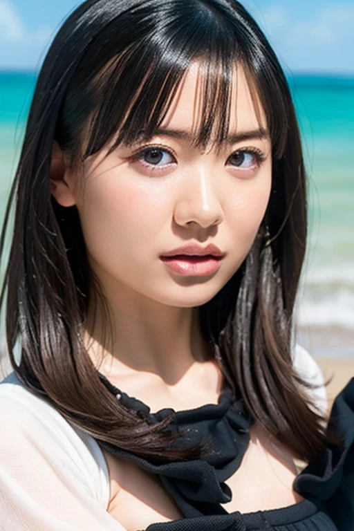 masterpiece, Highest quality, Unreal Engine, Super Resolution, Very detailed, Complex, colorful, Clear images, Sharp focus, Digital Blending,
One beautiful woman, One Japan actress, ashidamana, Perfect Eyes, Perfect Face, Ultra detailed hair, Ultra detailed face, Very detailed lips,Vivid expression, Healthy Body, Detailed sweat glands of beautiful and cute real Asian mix, Smooth skin texture, Carefully drawn,
(humidity:1.2), Beautiful Eyes, (Attractive face:1.2), (Beautiful Skin), (Big Breasts), (Super glossy wetsuit), Puffy nipples, Tight waist, Sticky with sweat, (Oily skin), oily suit, In a dynamic pose,
Studio Photo, Outdoor, At the Beach, cowboy shot,