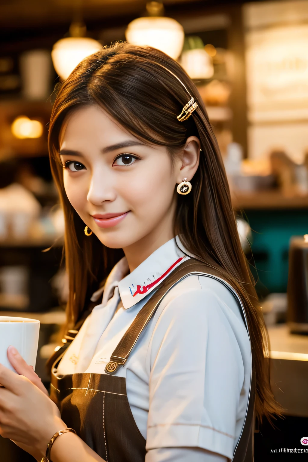 Works of masters，Ultra-high resolution，8K resolution，depth of fields，Exquisite facial features，Glowing skin，Girl，solo person，barista，Watery eyes，Glowing eyes，ssmile，long whitr hair，A brown-haired，Wave head，heart-shaped hair ornament，Bracelet，Collar，hoop earings，Workplace uniforms，aprons，Fast food uniforms，Facing the viewer，Holding a mug，coffeehouse，Cinematic lighting