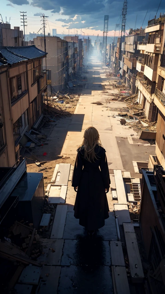 1people々々々々々々々々々,Blonde long-haired woman,Long coat, Dress Silhouette, Rear View, Anime Style, Gazing down from the rooftop at the city buried under rubble.,Collapsed building,Seeing missiles cover the sky,