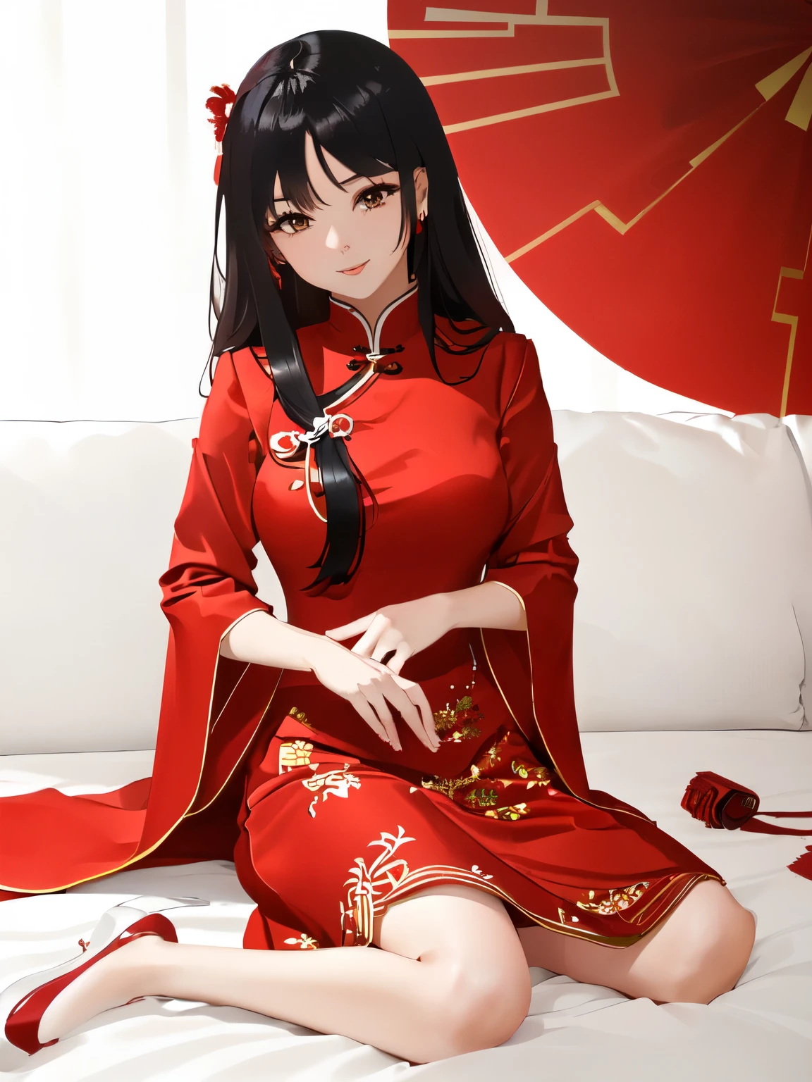 Asian woman in a red dress sitting on a bed, wearing a red cheongsam, cheongsam, Sha Xi, wearing red suit, beautiful chinese model, with ancient chinese clothes, full body xianxia, Chinese girl, red gloves, trend on cgstation, Red clothes, Lu Ji, chinese dress, inspired by Ju Lian, chinese suit
