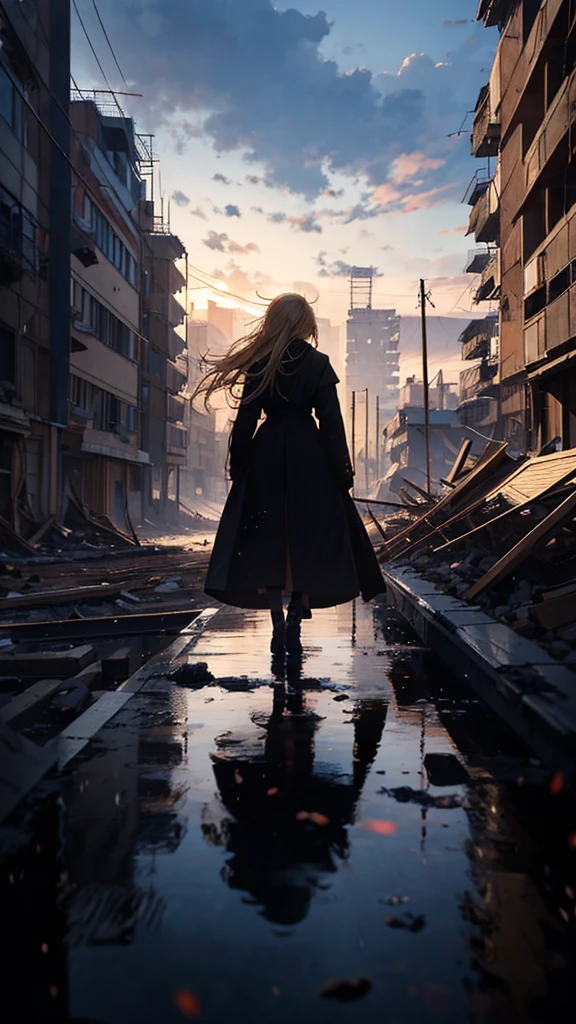 1people々々々々々々々々々,Blonde long-haired woman,Long coat, Dress Silhouette, Rear View, Anime Style, Gazing down from the rooftop at the city buried under rubble.,Collapsed building,Seeing missiles cover the sky,