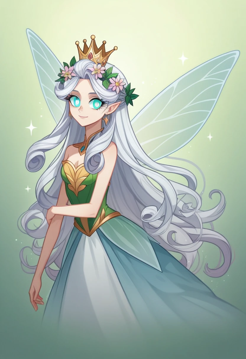 beautiful, Fairy, Transparent fairy wings, transparent, Transparent, of gold, Silver Crown, Flower Fairy, Overall image, Soft Light, Fairy Queen, light smile, earrings, glowing eyes, flower-shaped pupils, longeyelashes, pupils sparkling, purple eyes, aqua eyes, crown, jewelry, feather hair ornament, flower on head, head wreath, butterfly hair ornament, white hair, curly hair, long hair, very long hair, doughnut hair bun, floating hair, crystal hair, expressive hair, shiny hair, absurdly long hair, Hyperrealism, sparkle, Fujifilm, Sony FE, UHD, masterpiece, accurate, anatomically correct, textured skin, super detail, high details, high quality, award winning, 8k, HD, HD, 4K, highres,pink,very transparent