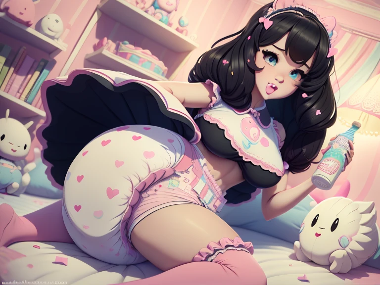 A confident mommydom wearing a big bulbous puffy diaper, heart emojis, bedroom, fishnet stockings, pretty eyes, seductive, flirty, colorful, puffy dress,  room, diapers, confetti, cake,Black Silk,Trojans,Maid costume,The girl is drinking from the bottle and holding a  toy