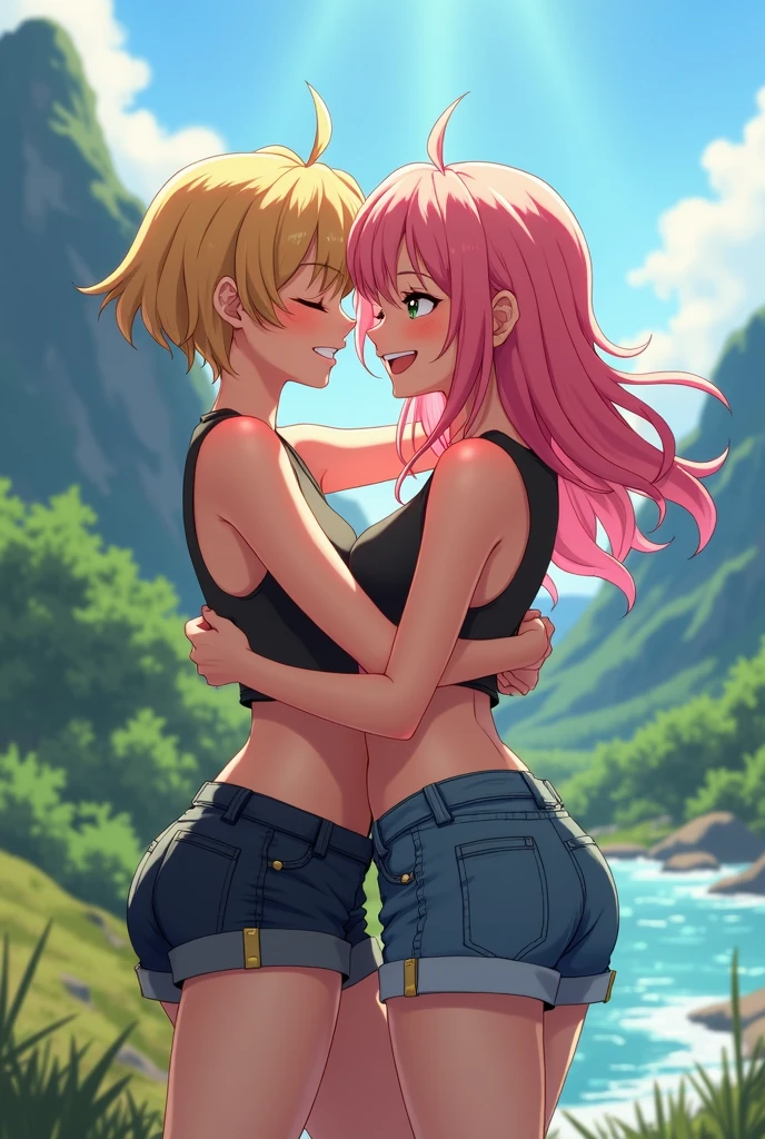 Two adult women,university student,anime,Gal,smile, Hug,Blonde Short-Haired, Pink longhair, Large, dynamic breasts, Big Breasts, High resolution, 最high quality, high quality, Textured skin, Tank top,Shorts,sexy,Mountain,camp,river,Erotic,