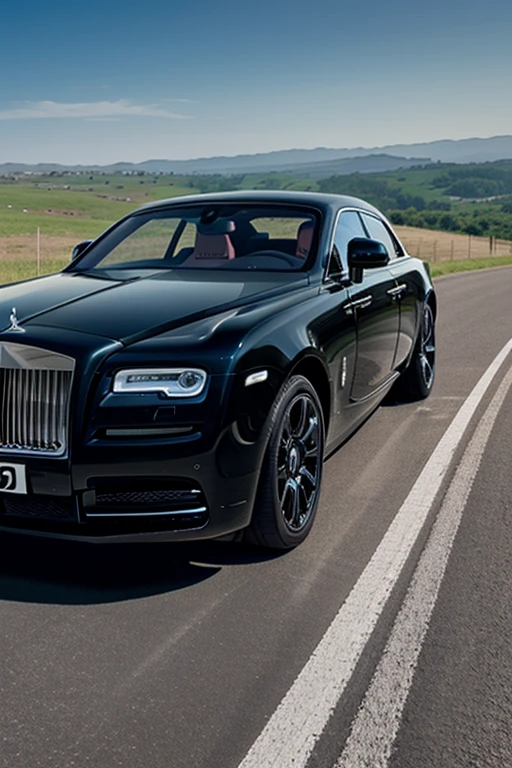    Create an image of a Rolls Royce car in hilltop and the color of the car is black 

 