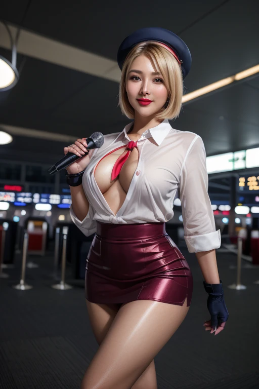 Highest quality，Ultra HD，(((whole body,with legs)))、(((Japanese flight attendant uniform 1.6))), (((Red striped tie, Tight Skirt，best-dressed uniform、Tekast, white formal short gloves,(黒のHigh heels), ((holding a mini microphone)),Japan CA，A small smile,白いTight blouse)))、((navy bowler hat 1.4)), White gloves, High heels、(Realistic:1.4)、(Surreal:1.4)、(Realistic:1.3)、 (Gentle lighting: 1.05)、32K、 One Woman、35-year-old woman、Realistic Lighting、Backlight、Facial Light、Ray Tracing、(bright:1.2)、(Improvement of quality:1.4)、 (Highest qualityのリアルテクスチャスキン)、Beautiful Eyes,delicate and elegant features, White blouse,Tight blouse,tight best-dressed uniform, (Show your body line beautifully:1.1),((Glowing Skin 1.4))、((Blonde short bob 1.5)),Korean Idol、Idol Pose、A small smile,blush,Beautiful actress、A proper woman,whole body, (((Small breasts))),(Perfect teeth alignment),narrow waist and hips,Beautiful feet,Full Shot)、(((charm、Embarrassing))),(eye shadow),((Red cheeks、Red lips)),Very beautiful night view、At night,A small smile,(((Full Shot)))、(((airport terminal background 1.5))),