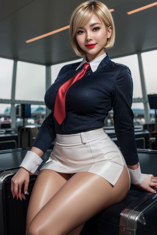 Highest quality，Ultra HD，(((whole body,with legs)))、(((Japanese flight attendant uniform 1.6))), (((Red striped tie, Tight Skirt，best-dressed uniform、Tekast, white formal short gloves,(黒のHigh heels), ((holding a mini microphone)),Japan CA，A small smile,白いTight blouse)))、((navy bowler hat 1.4)), White gloves, High heels、(Realistic:1.4)、(Surreal:1.4)、(Realistic:1.3)、 (Gentle lighting: 1.05)、32K、 One Woman、35-year-old woman、Realistic Lighting、Backlight、Facial Light、Ray Tracing、(bright:1.2)、(Improvement of quality:1.4)、 (Highest qualityのリアルテクスチャスキン)、Beautiful Eyes,delicate and elegant features, White blouse,Tight blouse,tight best-dressed uniform, (Show your body line beautifully:1.1),((Glowing Skin 1.4))、((Blonde short bob 1.5)),Korean Idol、Idol Pose、A small smile,blush,Beautiful actress、A proper woman,whole body, (((Small breasts))),(Perfect teeth alignment),narrow waist and hips,Beautiful feet,Full Shot)、(((charm、Embarrassing))),(eye shadow),((Red cheeks、Red lips)),Very beautiful night view、At night,A small smile,(((Full Shot)))、(((airport terminal background 1.5))),