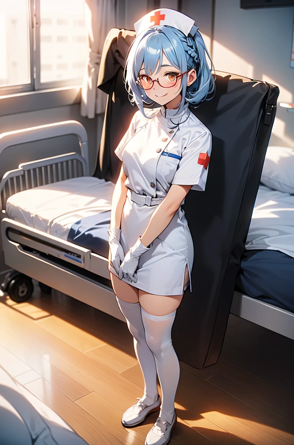 1girl, solo, nurse, nurse cap, white nurse uniform, ((white legwear, zettai ryouiki)), white gloves, glasses, blue hair, orange eyes, smile, standing, ((hospital room)), sharp outline, short sleeves, best quality, masterpiece