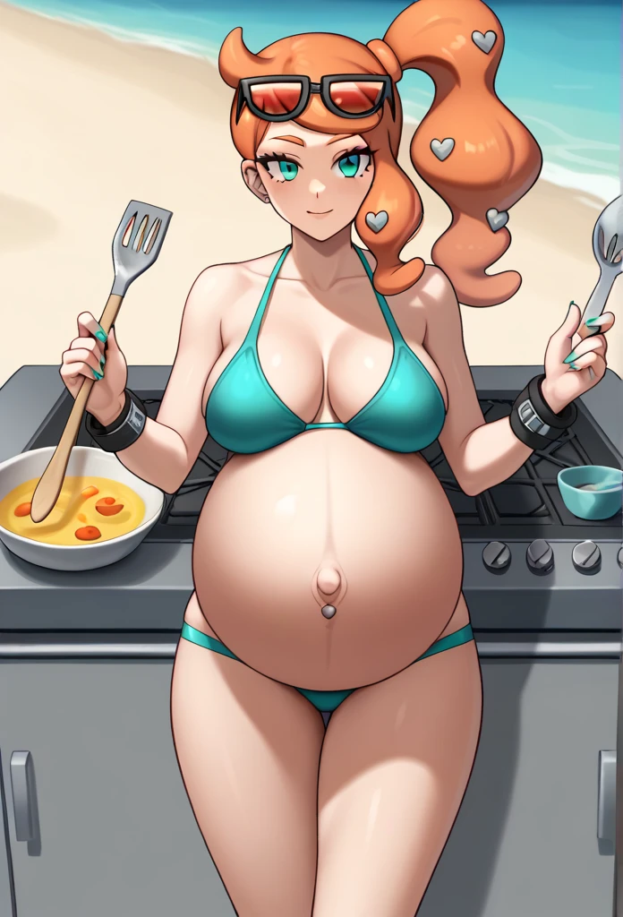 score_9, score_7_up BREAK solo,EPpkSonia,orange hair, side ponytail, aqua eyes, long hair, eyewear on head, sunglasses, heart hair ornament, best quality, clear face, 1girl, aqua bikini, pregnant, big belly, Belly button piercing, cleavage, bracelet, collarbone, panties, nail polish, aqua nails, aqua toenails, beach, looking at viewer, cowboy shot, solo, pregnant, possing, cooking, rubbing her belly