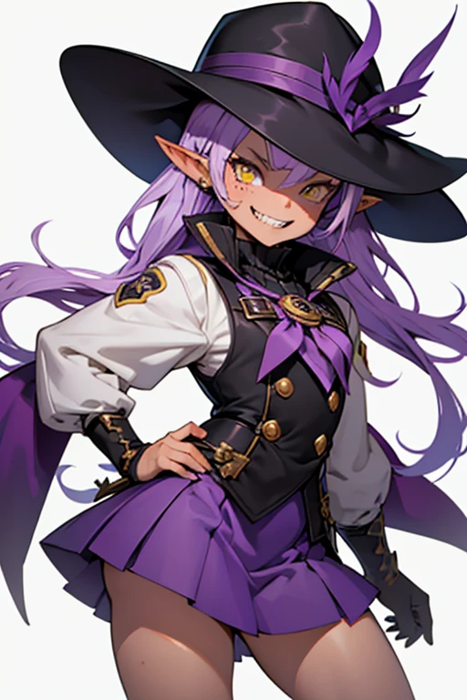 Lalafell female, cute, evil cute, evil grin, mischievous, fangs, sharp teeth, , lavender hair, fancy hat, purple officer uniform, short skirt, fencer, plumed hat, swashbuckler, yellow eyes, fair skin, freckles,  female,  masterpiece, extremely high detail, extreme detail.