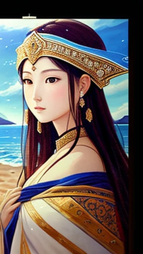 The painting on the canvas、the same woman seen on the beach is delicately depicted.
God々she exudes a mystical atmosphere and confronts you with an intimidating presence.。
she was a very beautiful woman with、a loose robe and、
she carries a spear and a shield engraved with a distinctive emblem of a star with an eye in it、a Greek-style helmet on her head.
At the edge of the painting「My Goddess」It stated that