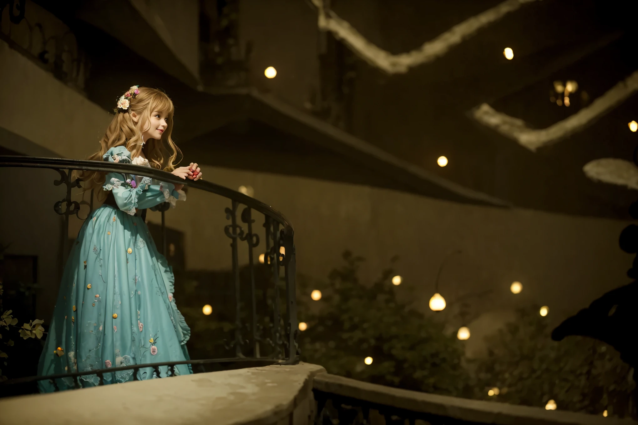 (Best quality, 8k, 32k, Masterpiece, UHD:1.2), "Transform the scene into the whimsical and surreal Wonderland from Tim Burton's Alice in Wonderland movie. Picture a fantastical landscape filled with vibrant colors, twisted shapes, and eccentric details that defy the laws of nature.
The sky is a swirling blend of deep purples and electric blues, dotted with fluffy, oversized clouds. The ground is a patchwork of lush, green meadows and peculiar, brightly colored flowers that seem to have a life of their own. Enormous mushrooms, in a variety of shapes and sizes, tower above, casting curious shadows.
In the distance, you can see the towering, whimsical architecture of the Queen of Hearts' castle, with its heart-shaped turrets and red-and-black color scheme. A winding path, paved with mismatched stones, leads through the landscape, inviting exploration. Along the path, you'll encounter all manner of strange and enchanting creatures, from the mischievous Cheshire Cat, with his wide grin and glowing eyes, to the endearing yet peculiar White Rabbit, always in a hurry.
The trees are gnarled and twisted, with branches that reach out like skeletal hands, some adorned with glowing lanterns and peculiar fruits. The foliage is dense and full of surprises, with occasional glimpses of fantastical creatures peeking through.
The overall atmosphere is one of enchantment and curiosity, with a touch of darkness and mystery, capturing the unique and magical essence of Tim Burton's Wonderland. Every element should be infused with a sense of whimsy and wonder, transforming the setting into a place where the impossible becomes possible." ((up on a balcony)) ((balcony)) ((sky))