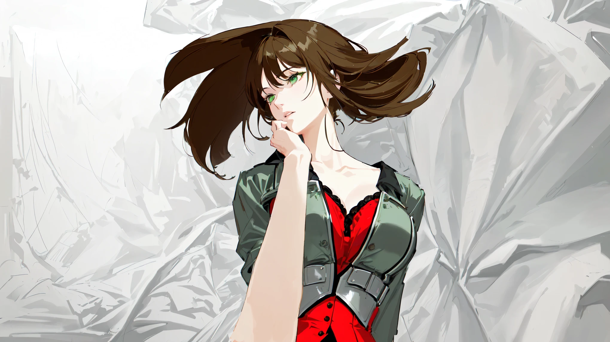 drawing of a woman in a red shirt and a black jacket, drawn in photoshop, colored lines of art, distorted posture, color sketch, digital color, half body portrait, rotoscoped, Low resolution, digital drawing, took it to my iPad, half body portrait, colored screen tone, fully dressed. painting of sexuality, anime style, girl, disheveled hair, green eyes, corset, holding a man's hand, crumpled bed