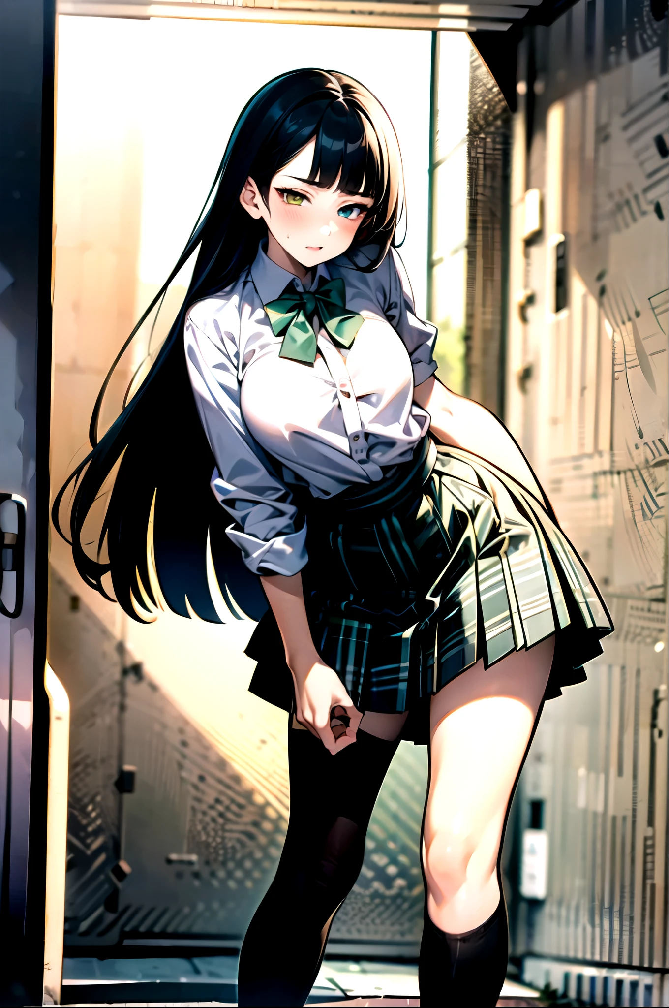 ((super high quality,Ultra-high resolution,4K,8k,super masterpiece,Ultra HD ,Detailed shading)),Full body photo,Morning Park,1 high school girl,Blue-green blazer,White dress shirt unbuttoned to the second button,A bright yellow striped bow tie,Brown plaid mini skirt,Skirt blown up by the wind,Holding a skirt with one's hand,Put your hands on your head,black tights,Long black straight hair,Side-swept bangs,Heterochromia of orange and green,Sharp gaze with raised eyebrows,Laughter,blush,Embarrassing,Leaning the body diagonally and tilting it forward,Sweaty,