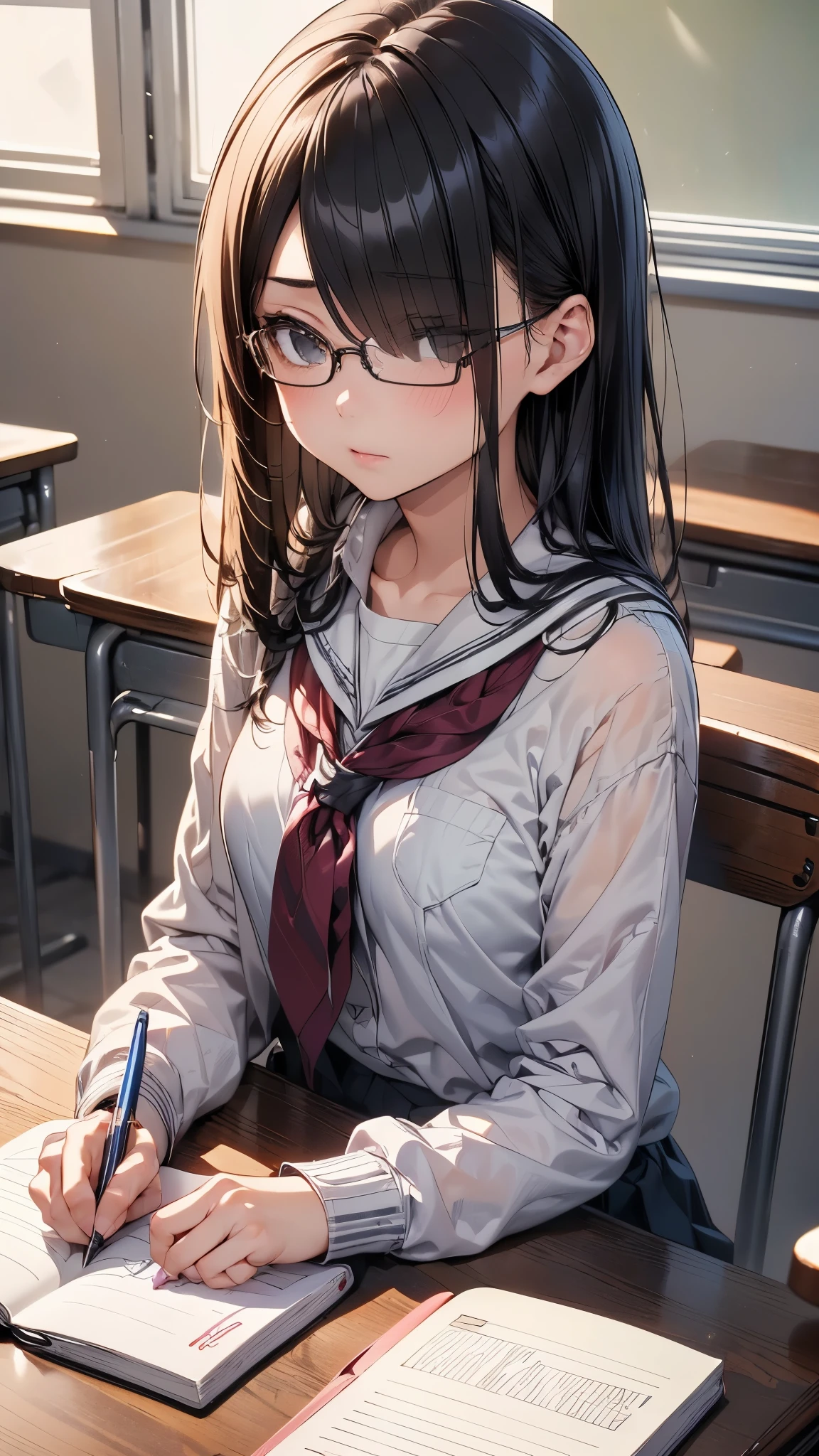 ((((School、During class、classroom)))、、middle School girls、((((((I am sitting on a chair and taking a class.、I have a pen、Notebooks and textbooks、)))))(((Serious face、Future outlook、Slender body)))、、Low length、((((((Eyes hidden by long bangs:1.2))))))、(((Long black hair))))(((( Black-rimmed glasses:1.2　black eye)))、Side view、,Official Art、High resolution、Hyper Detail、[Angle from below:0.7]Upper Body