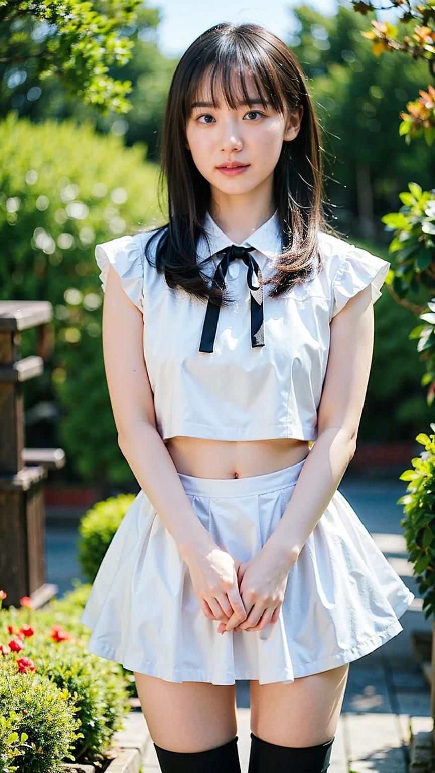 (8k、RAW Photos、Highest quality、masterpiece:1.2)、(Realistic、Realistic)、1 person、((White, black and light blue mini skirt、blouse、I can see my belly button、See-through、Frills、Shoulder visible、garden、Breast enlargement、boots、ribbon、Thin legs、whole body、View from the front、Looking into the camera、Stand with hands on hips))、cute
