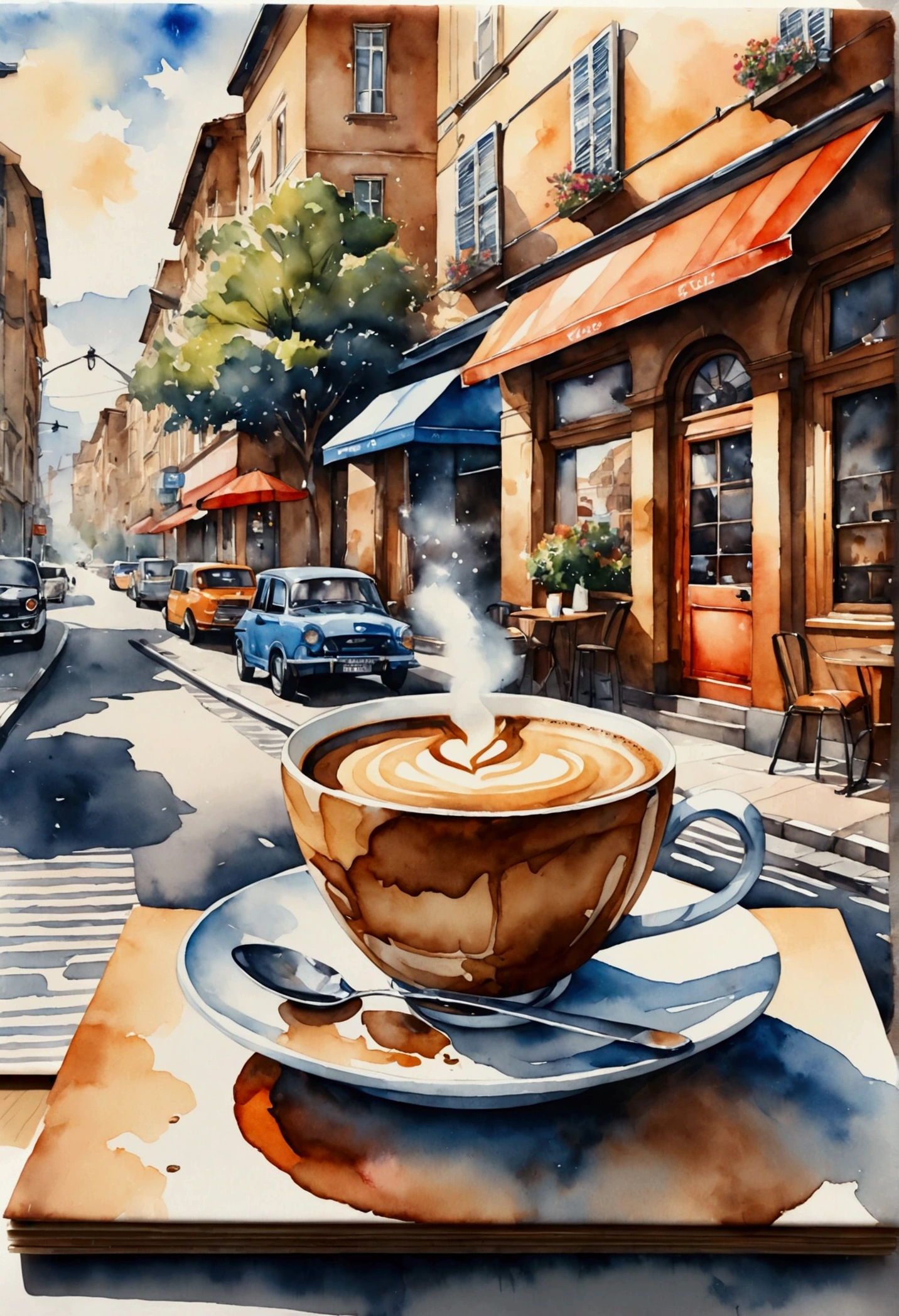 ‚Painting of a cup of coffee. Trend Aquarell, detailed, realistic rendering,  Streetstyle‘