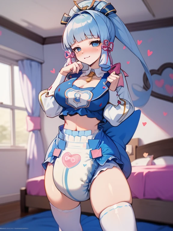 ayaka,wearing a big bulbous puffy diaper, heart emojis, bedroom, fishnet stockings, pretty eyes, seductive, flirty, colorful, puffy dress,  room, diapers, confetti, cake,Big 