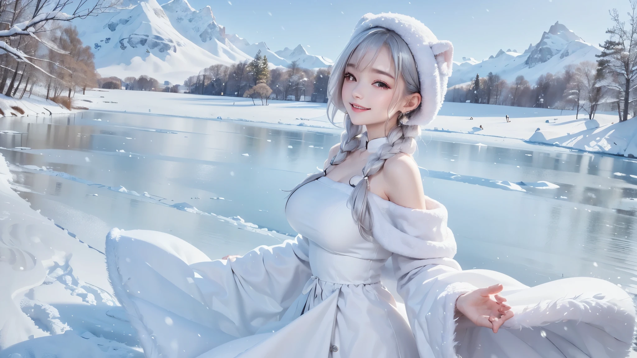 (close-up image) masterpiece、Highest quality、1 girl, winter, silver hair, Cute girl, smile, close mouse, large breasts, sideboob:1.4, white dress, off shoulder winter clothes, long skirt, Fur coat、Small waist、Thin legs、outdoors, front of the lake, snow falling, Prayer Pose, join hands, from front
