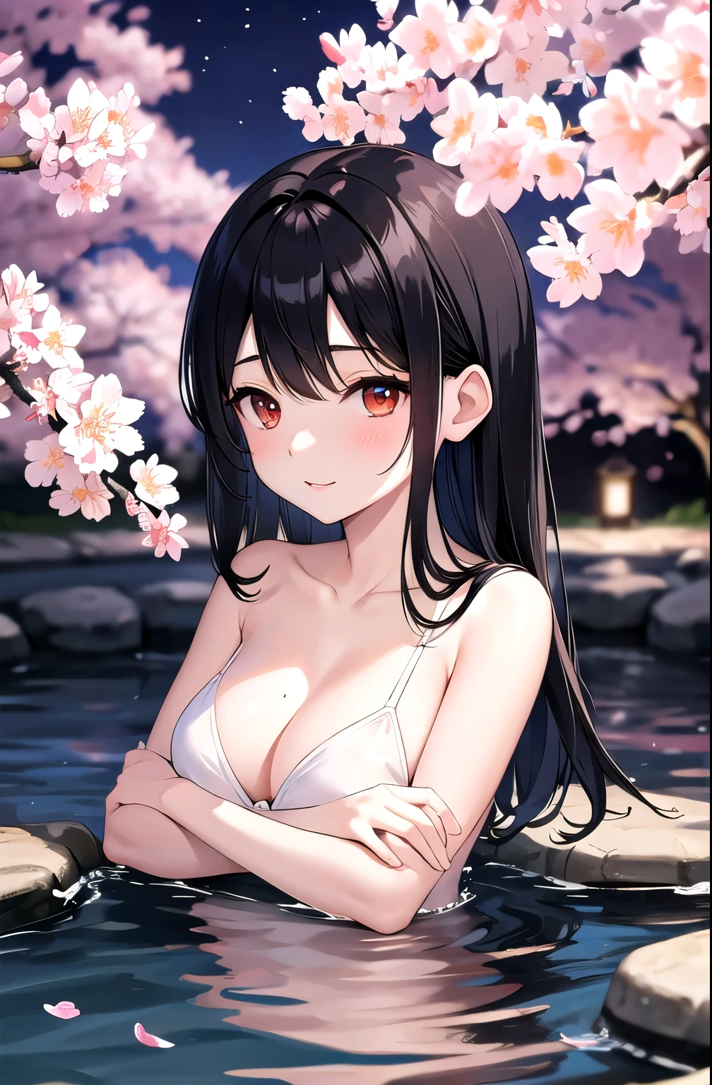 Open-air bath,Cherry Blossoms at Night,Black Hair,female