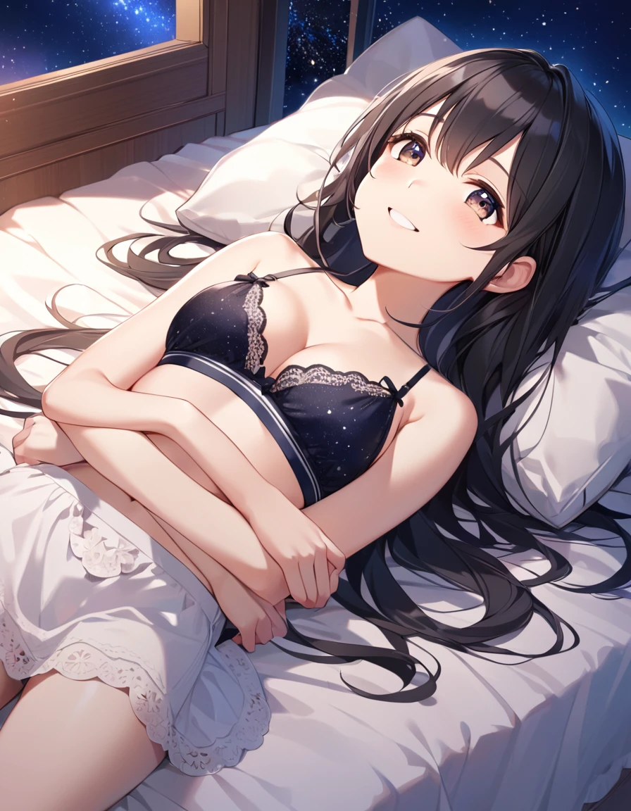 Girl, cute, adorable, looking up at here, full breasts, straight hair, long hair, black hair, looking at the camera, bedroom, night, starry sky, smiling, Bralette, lying on bed, (on back:1.3), (put head on pillow:1.3), from above