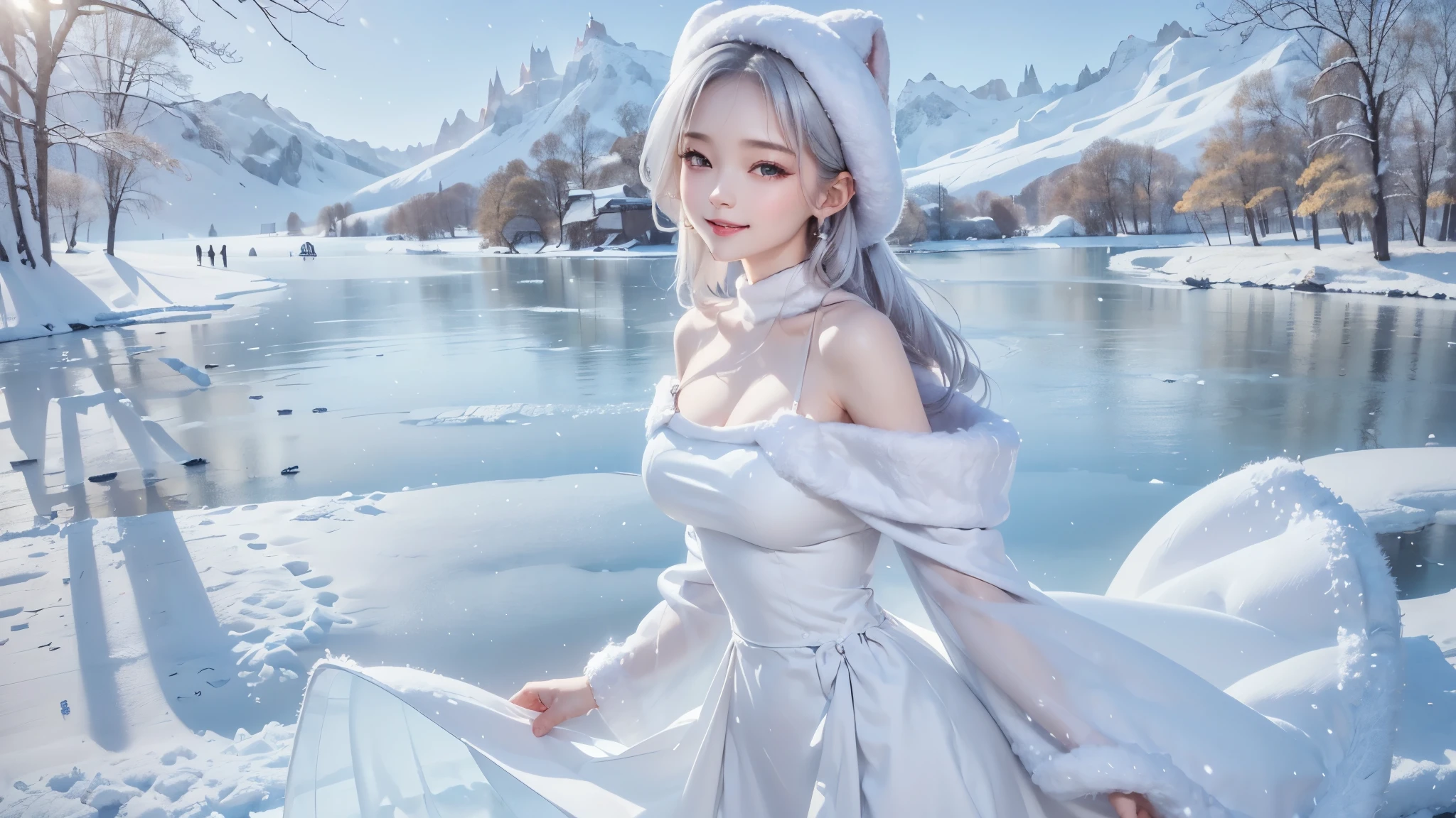 (close-up image) masterpiece、Highest quality、1 girl, winter, silver hair, Cute girl, smile, close mouse, large breasts, sideboob:1.4, white dress, off shoulder winter clothes, long skirt, Fur coat、Small waist、Thin legs、outdoors, front of the lake, snow falling, Prayer Pose, join hands, from front
