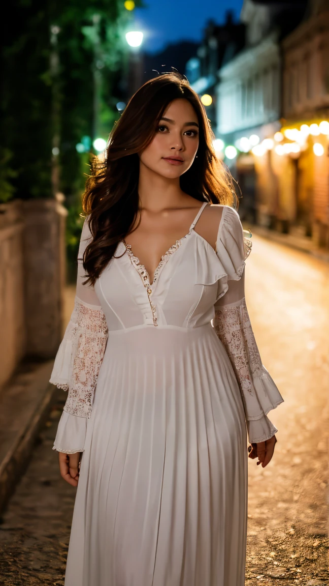 masterpiece, highest quality, 8k high quality photo, cinematic lighting, deep shadow, 1girl, gorgeous face, fearless smile, smooth soft parl skin, light-blown medium wavy hair, looking into camera, (standing on european street), model posing, front view,((cowboy shot)), (long sleeves frilled dress:1.2), at late night, ((night:1.5))