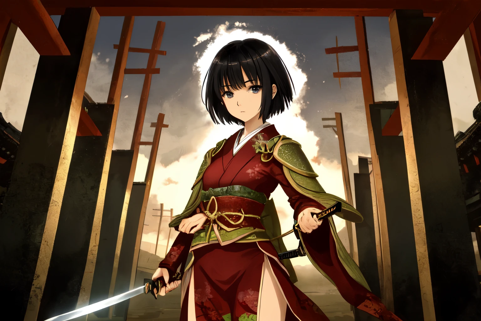 Japan, Sengoku period, Japanese anime, beautiful girl, short hair, black hair, strongest, Japanese sword, alone, black