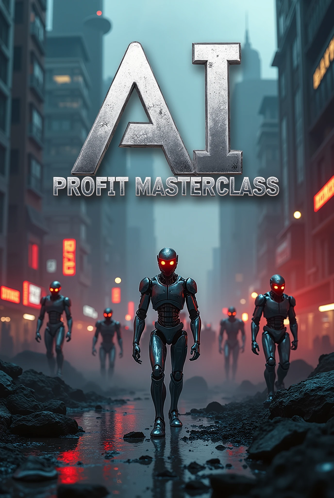 A futuristic, cinematic ebook cover featuring a bold, silver font with the title "AI Profit Masterclass" prominently displayed in the center, with a subtle gradient effect to give it a metallic sheen. In the background, a dystopian cityscape is overrun by robots, with towering skyscrapers and crumbling infrastructure, evoking a sense of chaos and destruction. The robots, with glowing red eyes and sleek, metallic bodies, are advancing towards the foreground, casting long shadows in the flickering light of the city. The color palette is dark and moody, with a mix of deep blues, greys, and blacks, punctuated by flashes of neon red and orange. The image is shot in a cinematic style, with a shallow depth of field, vignette, and bokeh effects, giving it a sense of depth and dimensionality. The overall aesthetic is reminiscent of a sci-fi blockbuster, with a filmic quality achieved through the use of Kodak Porta 400 and Cinestill 800 film stocks, and a Leica M10 camera. The color grading is dramatic and intense, with a focus on deep shadows and highlights that pop.