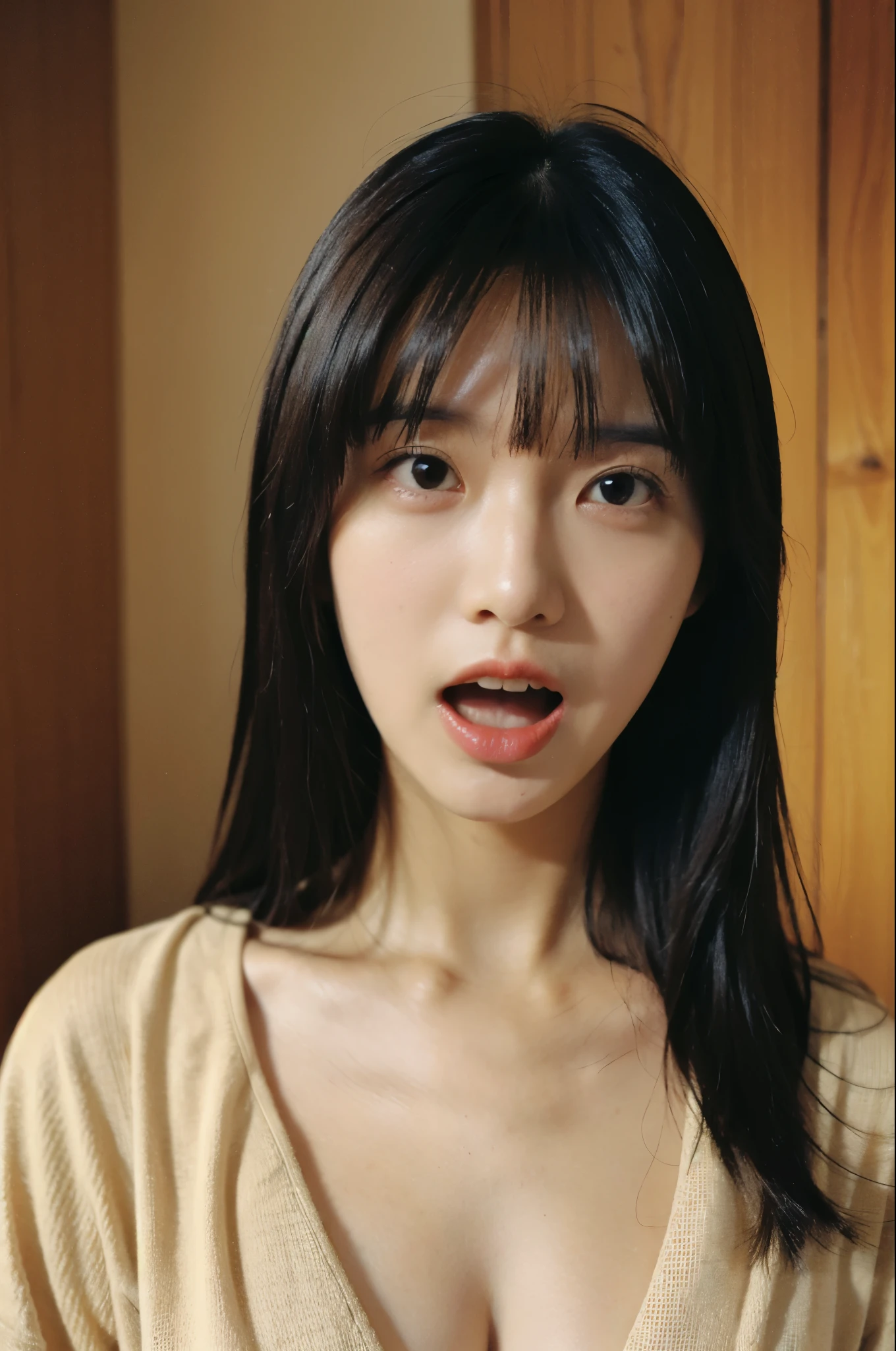 Highest quality,masterpiece,Ultra-high resolution,(Reality:1.4),Original photo,
One person,Shadow,chest, Bangs between the eyes, Long Hair, Open your mouth a little, Japanese,Room Background