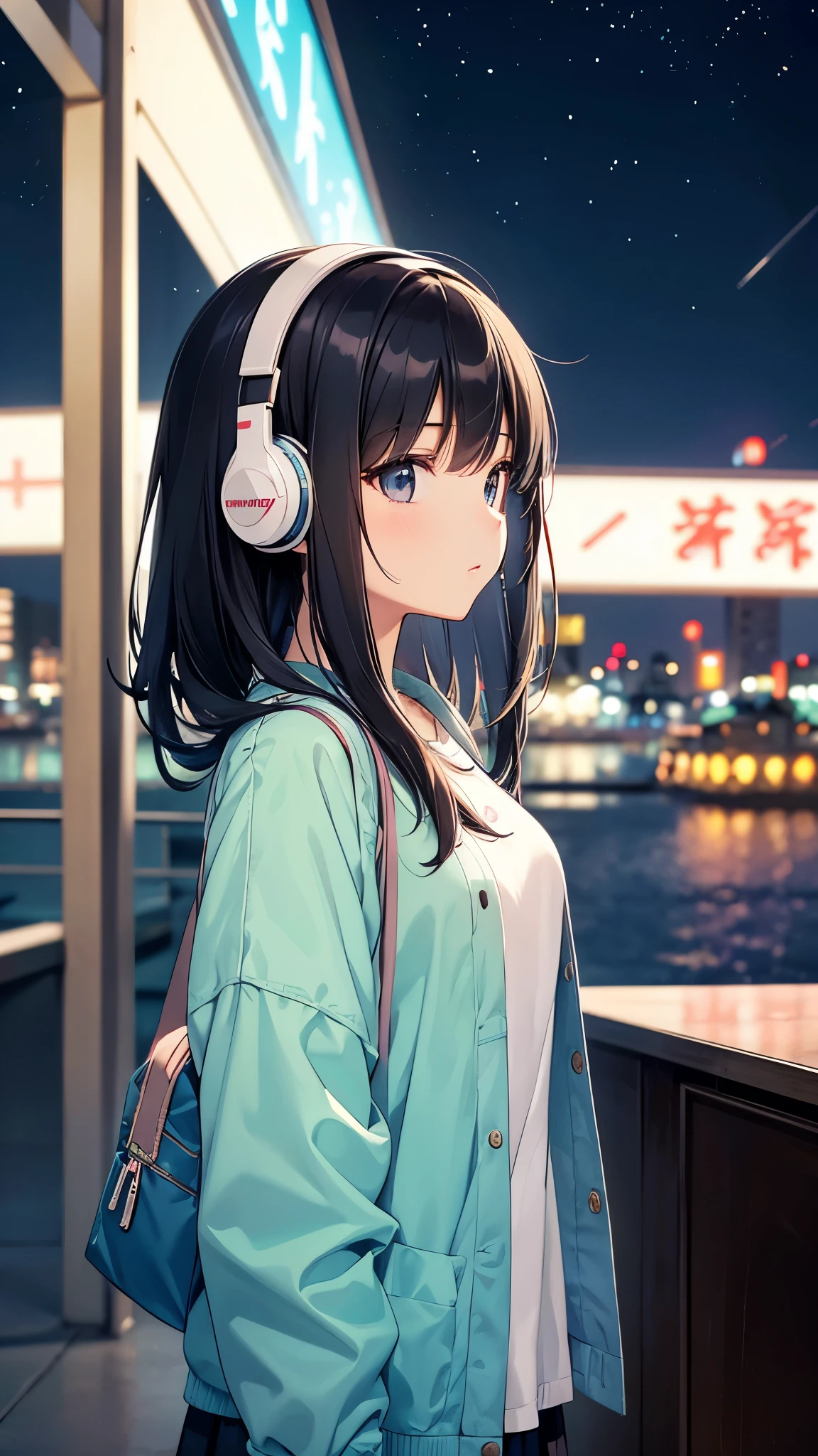 Looking into the sink。A young girl with black hair wearing stylish clothes and headphones labeled "lo-fi" The girl is shown in profile, gazing into the distance with a calm, relaxed expression Background depicts the iconic scenery of Namba, Osaka at night, without any text on signs A starry night sky adding to the peaceful atmosphere Overall mood is quiet and serene, perfect for lo-fi music Detailed hair rendering and careful attention to the girl's fashionable outfit The entire scene should evoke a relaxing, introspective feeling associated with lo-fi music