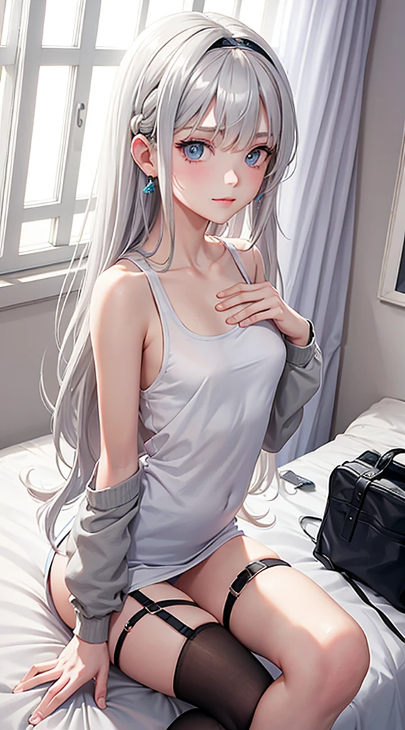 Character Details:, - Gender: 1 Girl.
- Style: Anime, - Body Type: Attractive body, nice body, nice legs, slim tights, nice arms, nice shoulders. - Breast: (Small Breast:1.2)- Facial Feature: Beautiful, Gorgeous, ager, Fresh, Young.
- Expression: Small smile, shy Look, (blue pink eyes). - Hairstyle: Blunt Bangs. - Hair Color: (White Grey Hair:1.5), (Straight and Wavy Long Hair:1.3),
- Clothing: (Jacket, Tank Top, Knife Pleated Shirt, Open Sleeves, Stocking.). - Body Pose: (Sitting on bed:1.3), (Hands down).. - Behaviour: Waiting, Want Something, Secretly.
- Accessories: Earrings, thin Black Headband, Green Hair Accessories, Environmental Details:, - Setting: Bed Room., - Lighting: Natural Light., - Decoration: Modern Bed, Chair, Window, White Curtain, City View. Top view. pov, anime style, UHD, retina, masterpiece, accurate, anatomically correct, textured skin. One Hand on cheek, one hand down.