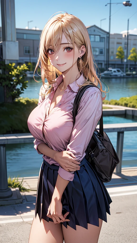 (masterpiece:1.2, top-quality), (realistic, photorealistic:1.4), beautiful illustration, (natural side lighting, movie lighting),
looking at viewer, cowboy shot, front view:0.6, 1 girl, japanese, high school girl, perfect face, cute and symmetrical face, shiny skin,
(long hair:1.4, half updo:1.5, blonde hair), hair between eye, dark brown eyes, long eye lasher, (large breasts:0.6, seductive thighs),
beautiful hair, beautiful face, beautiful detailed eyes, beautiful clavicle, beautiful body, beautiful breasts, beautiful thigh, beautiful legs, beautiful fingers, big breasts, enhance breasts, busty, cleavage, breasts hold, breasts squeeze,
((pink collared shirts, navy pleated skirt)), pink panties, school bag,
(beautiful scenery), evening, riverside, jumping, (lovely smile, upper eyes),
