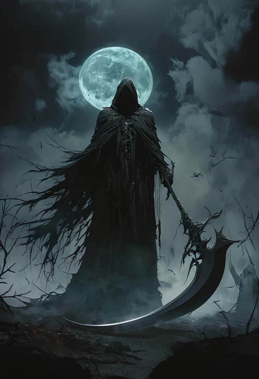 (Highest quality,High resolution),A detailed drawing of the Grim Reaper with a scythe,Ominous atmosphere,Dark fantasy,Gothic style,Dark Shadows,Foggy,Moonlit Night,Rustling of leaves,Ominous Presence,Mysterious Person,Sharp sickle,Hooded cloak,Mysterious glow,Ominous sky,Cold wind,Ominous Aura,Dark atmosphere,A whisper-like resonance,Unforgettable scenery,Spectral Beauty,Color contrast,Dramatic composition,Spooky atmosphere,Dark image.