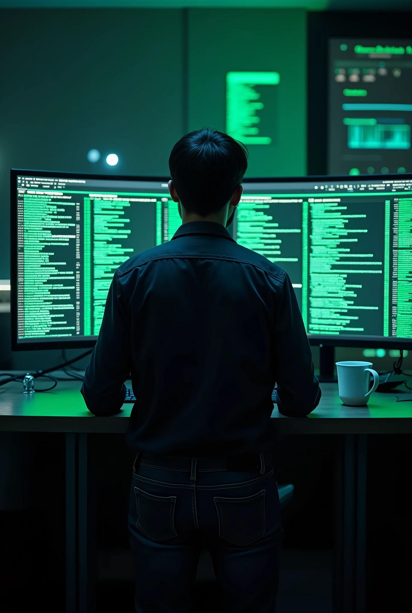 Create a photo for a print newspaper cover, where the article talks about Cyber Security. The photo must contain a person with their back turned to two monitors containing lines of code.. Become a photography professional, Make the image as realistic as possible.