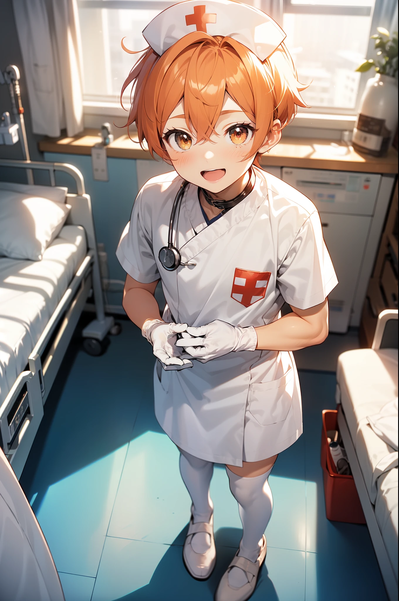 1boy, solo, male focus, nurse, white nurse cap, white nurse uniform, ((white legwear, zettai ryouiki)), white gloves, short hair, orange hair, smile, open mouth, standing, ((hospital room)), sharp outline, short sleeves, shota, , best quality, masterpiece