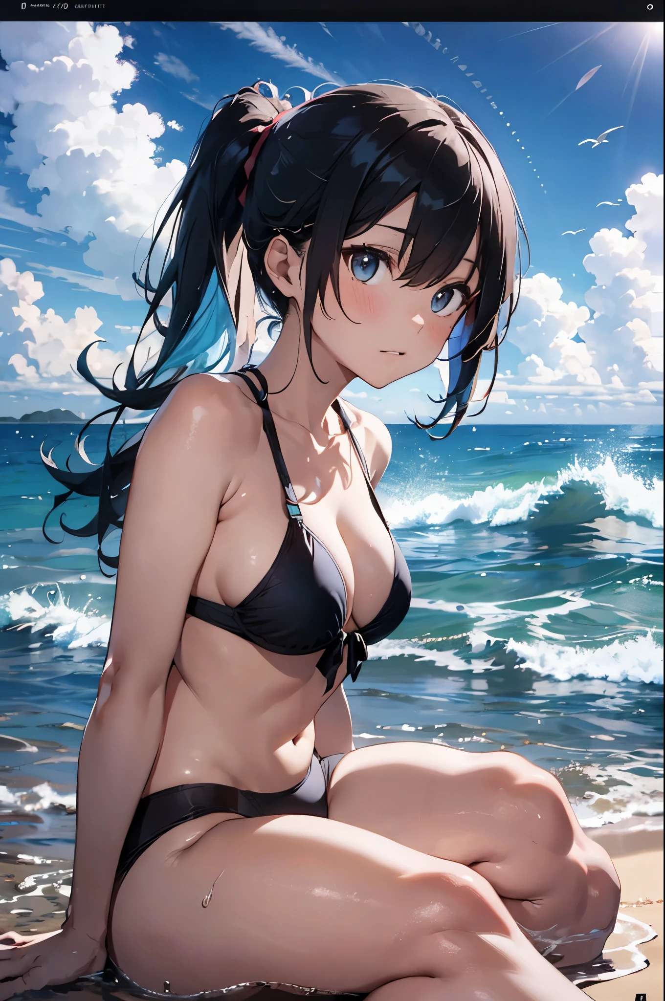4K,8k,High resolution,
One beautiful young woman,Light blue hair、ponytail、
(Soft Saturation:1.3), (Fair skin:1.2),
(ultra-Detailed Background, Detailed Background), Bokeh,
break&#39;Smiling portrait.,
When viewed from the front, The composition is symmetrical,
Looking straight at you with serious eyes,
break Swimwear, White Bikini, Center of chest, 
Outdoor, Sea surface, null, sunlight,Summer beach, Sandy Beach,
Strong light, Front lighting, 
(:1.3), (Cowboy Shot:1.2),
Front brake angle,
View your viewers,
Dynamic pose,
sitting on the beach

Seaweed、Seaweed、Seaweed、Seaweed、Seaweed、Seaweed、Seaweed、