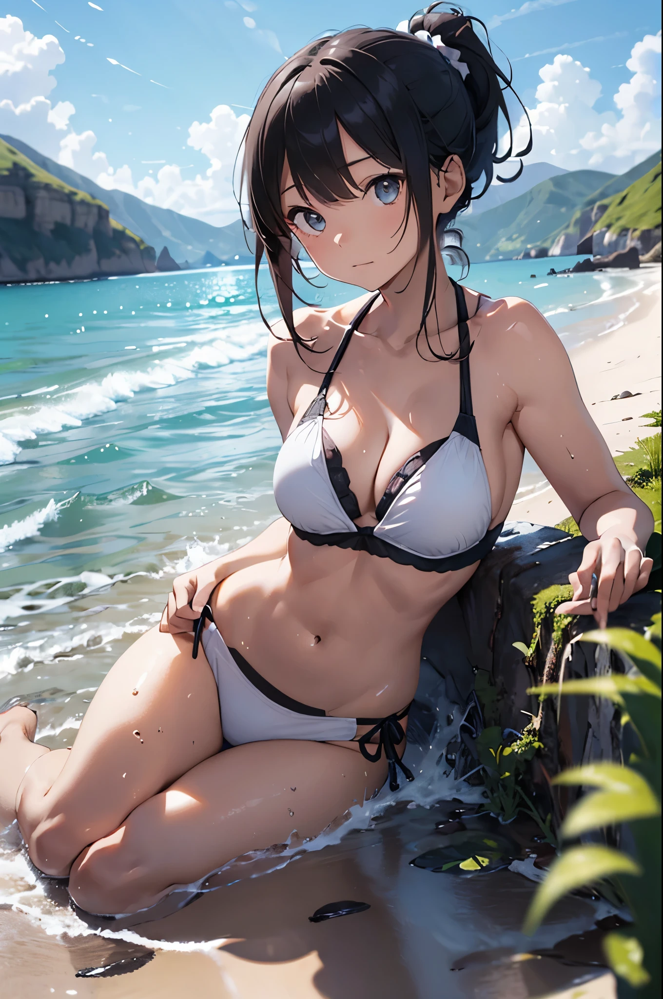 4K,8k,High resolution,
One beautiful young woman,Light blue hair、ponytail、
(Soft Saturation:1.3), (Fair skin:1.2),
(ultra-Detailed Background, Detailed Background), Bokeh,
break'Smiling portrait.,
When viewed from the front, The composition is symmetrical,
Looking straight at you with serious eyes,
break Swimwear, White Bikini, Center of chest,
Outdoor, Sea surface, null, sunlight,Summer beach, Sandy Beach,
Strong light, Front lighting,
(:1.3), (Cowboy Shot:1.2),
Front brake angle,
View your viewers,
Dynamic pose,
sitting on the beach
Seaweed、Seaweed、Seaweed、Seaweed、Seaweed、Seaweed、Seaweed、