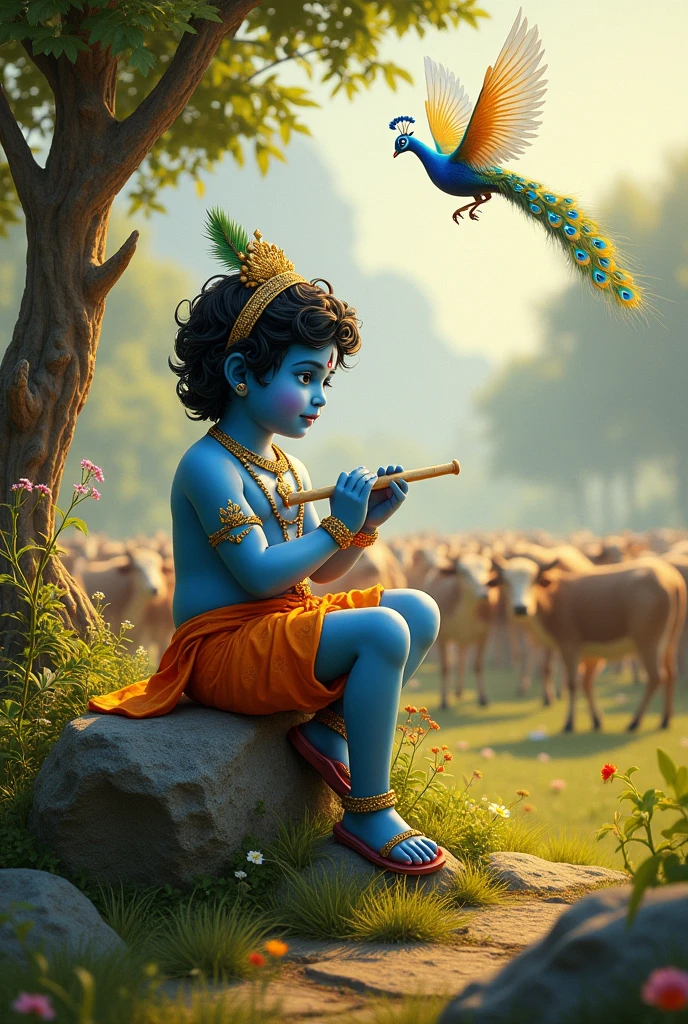 Little Krishna blue skin colour flute is in hand, seet on stone ,many cows , peacock near himself,many goad see from sky