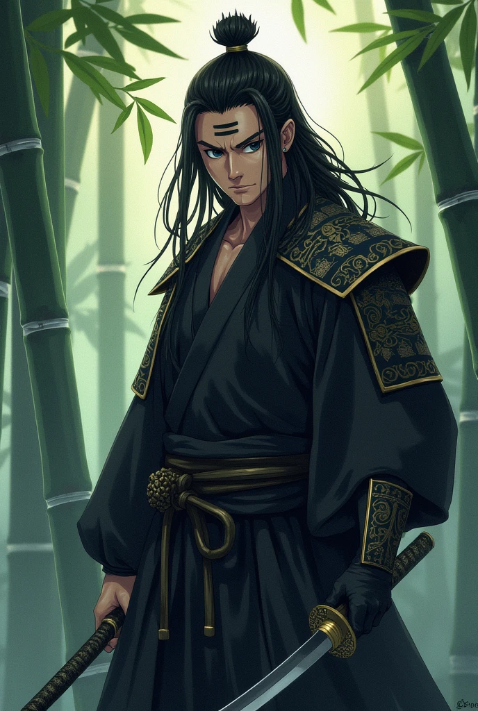 Long-haired man with hair tied up, black eyes, horizontal line scar on the forehead, samurai attire, with two katanas in his hands, anime design