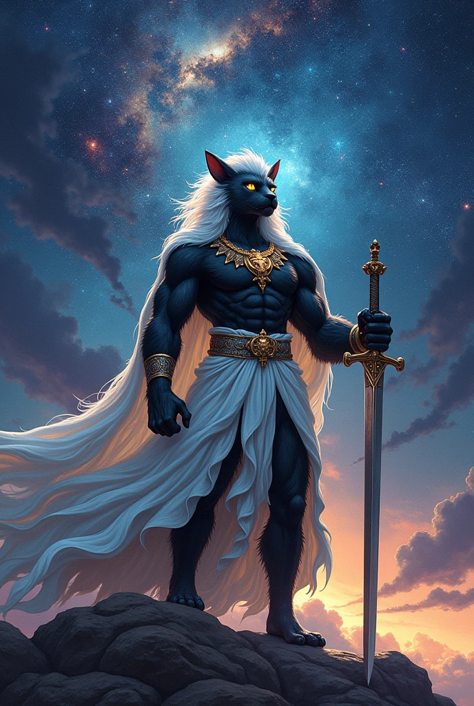 naughty man, black fur, white  clothes, holding sword and pestle, white gown, I hope, African Orisha, blacksad, stark, King of the Universe, Father of creation, mighty, King of the Orixás, lord of the universe, Loving Father, creator of all things, white  hair, luminous
