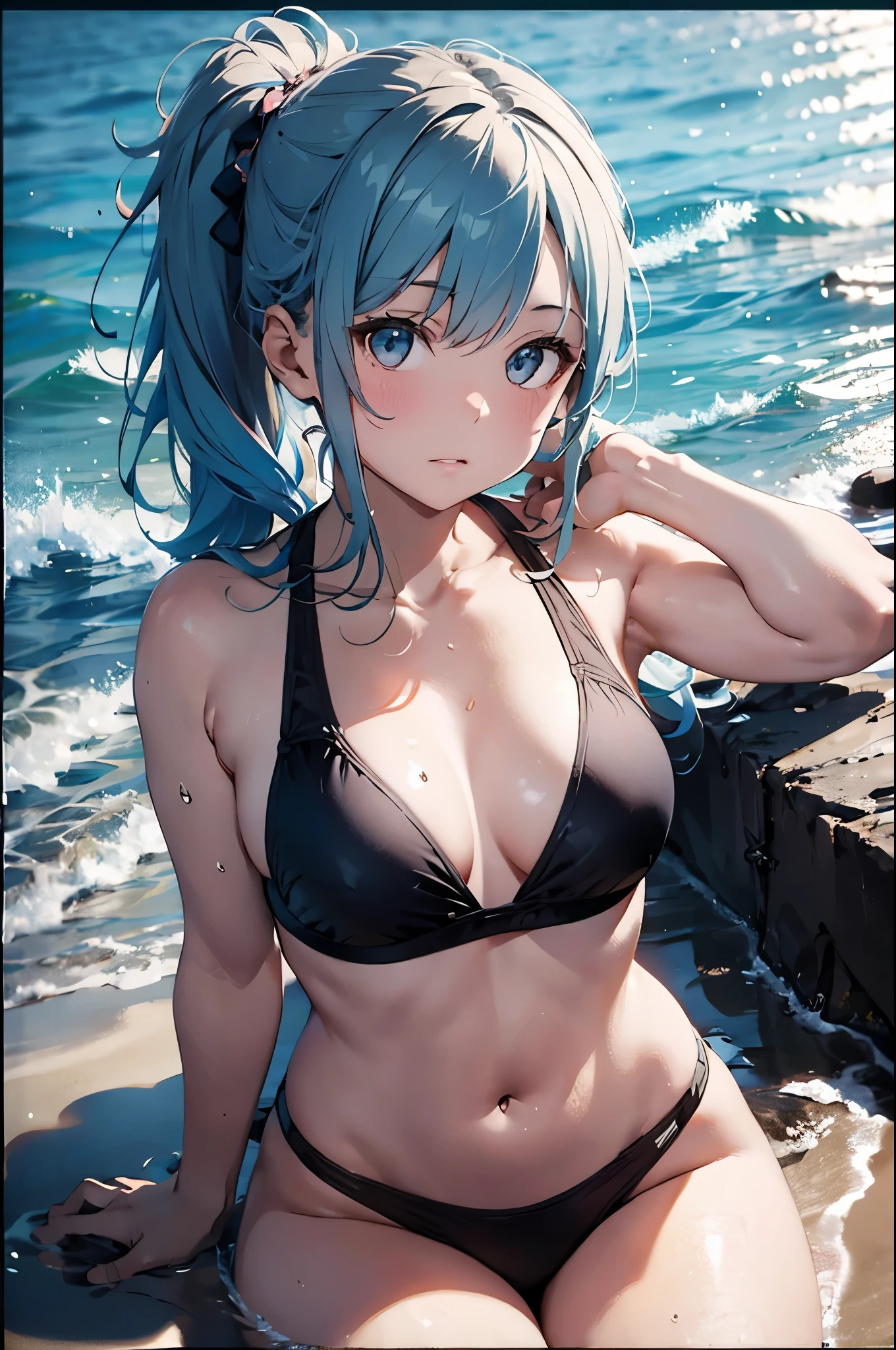 4K,8k,High resolution,
One beautiful young woman,Light blue hair、ponytail、
(Soft Saturation:1.3), (Fair skin:1.2),
(ultra-Detailed Background, Detailed Background), Bokeh,
break'Smiling portrait.,
When viewed from the front, The composition is symmetrical,
Looking straight at you with serious eyes,
break Swimwear, White Bikini, Center of chest,
Outdoor, Sea surface, null, sunlight,Summer beach, Sandy Beach,
Strong light, Front lighting,
(:1.3), (Cowboy Shot:1.2),
Front brake angle,
View your viewers,
Dynamic pose,
sitting on the beach
Seaweed、Seaweed、Seaweed、Seaweed、Seaweed、Seaweed、Seaweed、