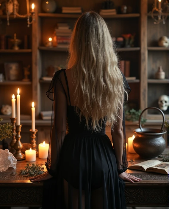 (photorealism:1.2), ((Sexy beautiful girl, cute, Russian beauty, 22 years old, a thin fit body blonde)), ((Highest quality)), ((masterpiece)), (detailed), transparent see through black dress, an image of a witch's room where it is illuminated only by candlelight. There is a table with many witch objects and some candles, above this table there is a shelf with books and a small skull. In the room there is a cauldron and other witch things. The room has no windows.