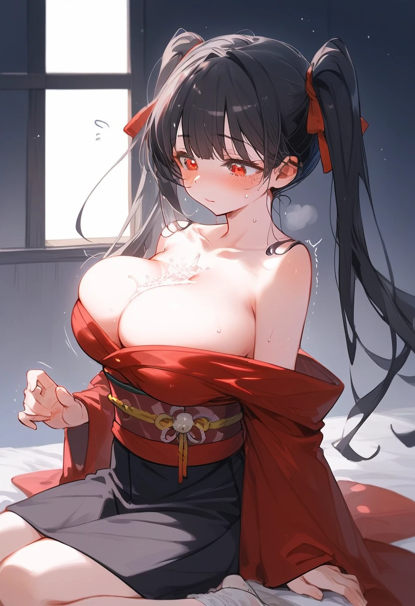 High-quality illustration style。A woman with a seductive atmosphere, a geisha。With defined eyeliner。Her skin is flesh-colored、She has black hair。Her hairstyle is twin tails with vertical roll curls on each side.。Red eyes。The background is a Japanese-style room at night.。The basic clothing color is black. A gorgeous kimono with a red obi。She has big breasts - she has a great figure、A face flushed with embarrassment、He's pulling on the bandage wrapped around his chest, loosening it.。Straddling a man's waist。Trembling all over。Sweating。There is an image of a lot of white water spraying out behind her.。